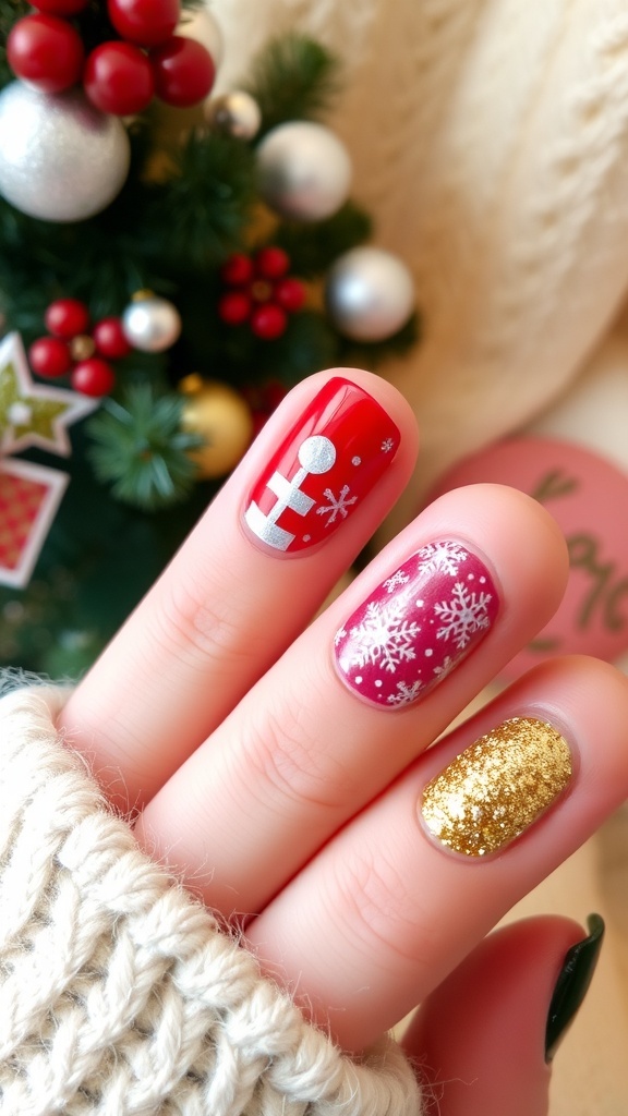 Short Christmas nails with red, green, and white designs, featuring snowflakes and glitter.